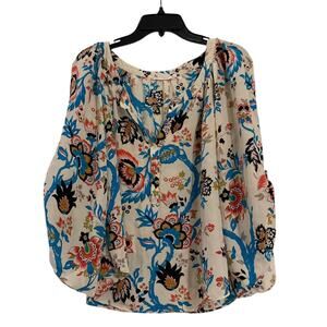 Alice & Trixie 100% Silk Floral Peasant Blouse Boho Top Small Blue Cream